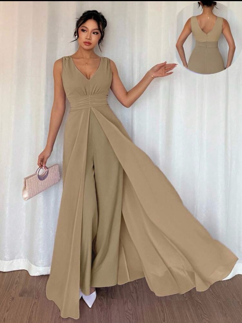 Elegant V-Neck Sleeveless jumpsuit in Beige - Picture 2 of 3